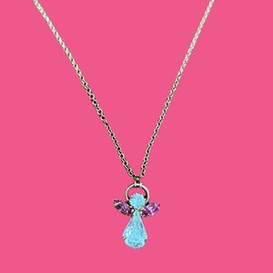 Gold tone white pink angle woman necklace